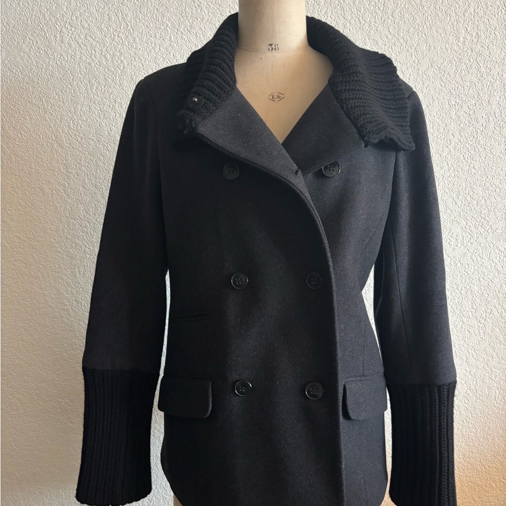 Theory Gray Wool Cashmere Double-Breasted Jacket w/Knit Collar & Sleeve Size M